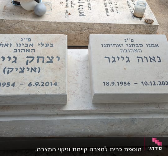 שתי מצבות אבן עם כיתוב בעברית ותאריכי לידה ופטירה
